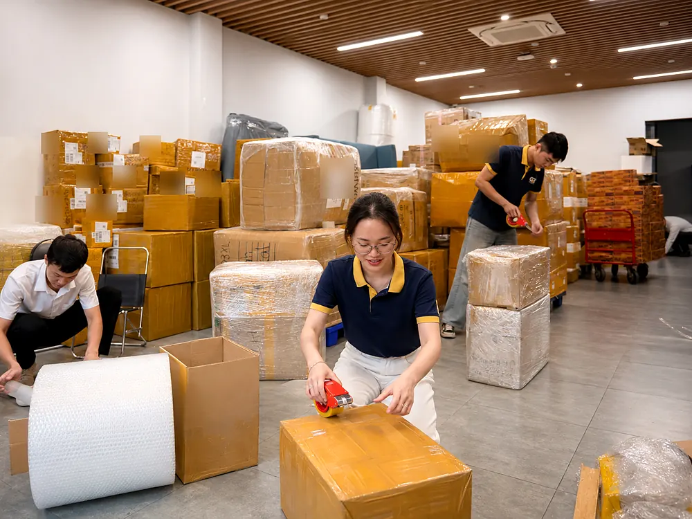 Nh&acirc;n vi&ecirc;n Gia Ph&uacute; Express đ&oacute;ng g&oacute;i v&agrave; gia cố kiện h&agrave;ng