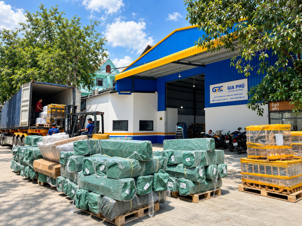 Tập kết h&agrave;ng đ&oacute;ng kiện v&agrave; xếp container tại kho Gia Ph&uacute;
